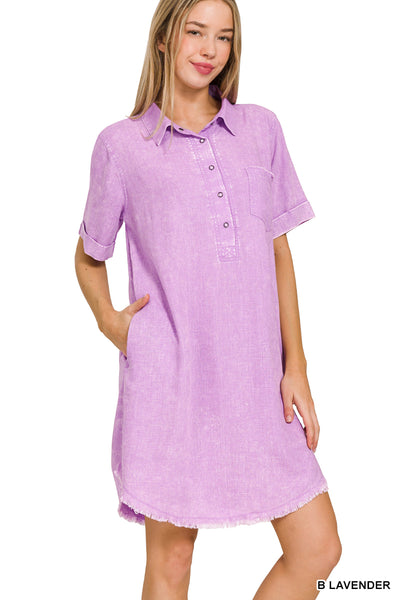 ZENANA WASHED LINEN RAW EDGE BUTTON DOWN DRESS