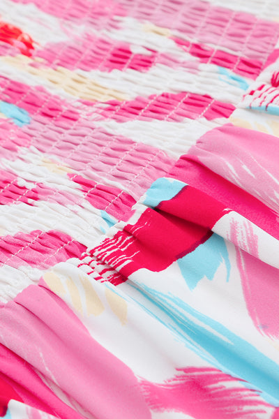 Pink Brush Stroke Printed Smocked Ruffle Tiered Dress