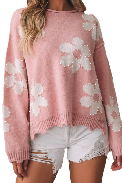Bonbon Pearl Beaded Floral Drop Shoulder Sweater