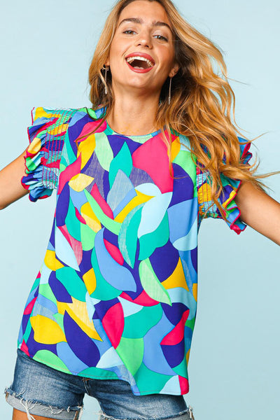Stripe Abstract Print Stitching Ruffle Sleeve Blouse