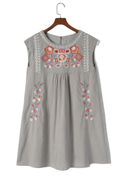 Blue Embroidered Striped Print Sleeveless Mini Dress