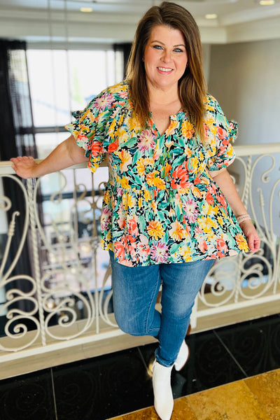 Multicolor Plus Size Ruffled Short Sleeve Floral Blouse