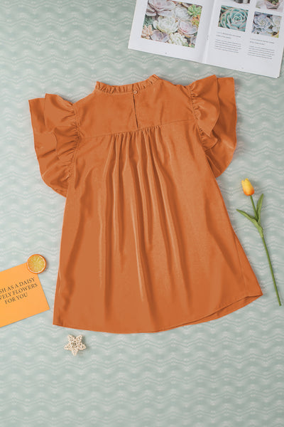 Grapefruit Orange Smocked Ruffle Sleeve Blouse