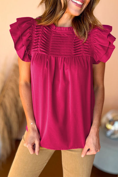 Rose Red Smocked Ruffle Sleeve Blouse