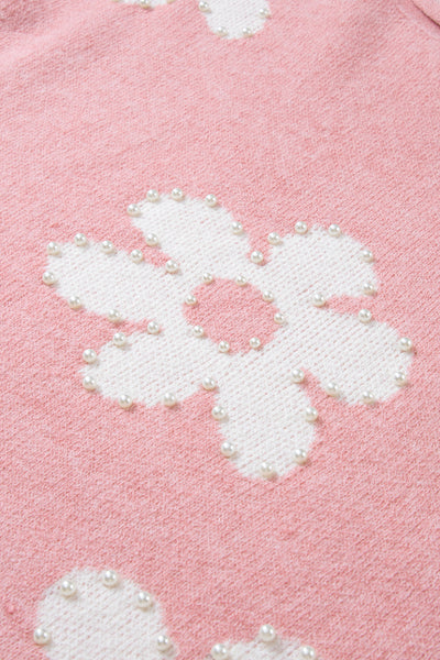 Bonbon Pearl Beaded Floral Drop Shoulder Sweater