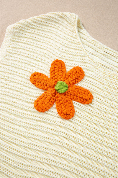 White Flower Crochet Round Neck Knitted Top