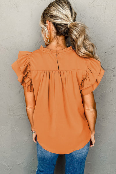 Grapefruit Orange Smocked Ruffle Sleeve Blouse