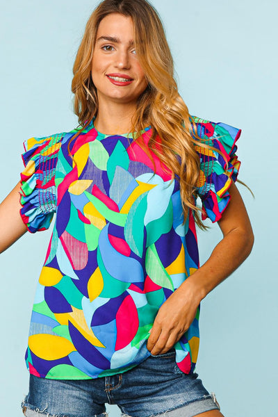 Stripe Abstract Print Stitching Ruffle Sleeve Blouse