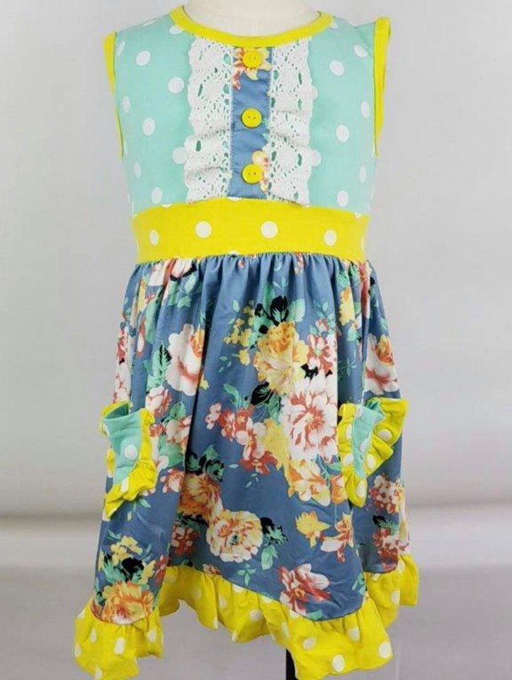 Yellow and Blue Patchwork Girls Dress