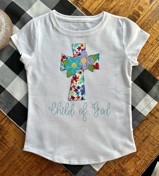 Embroidered Appliqué Floral Cross Personalized Youth Tee